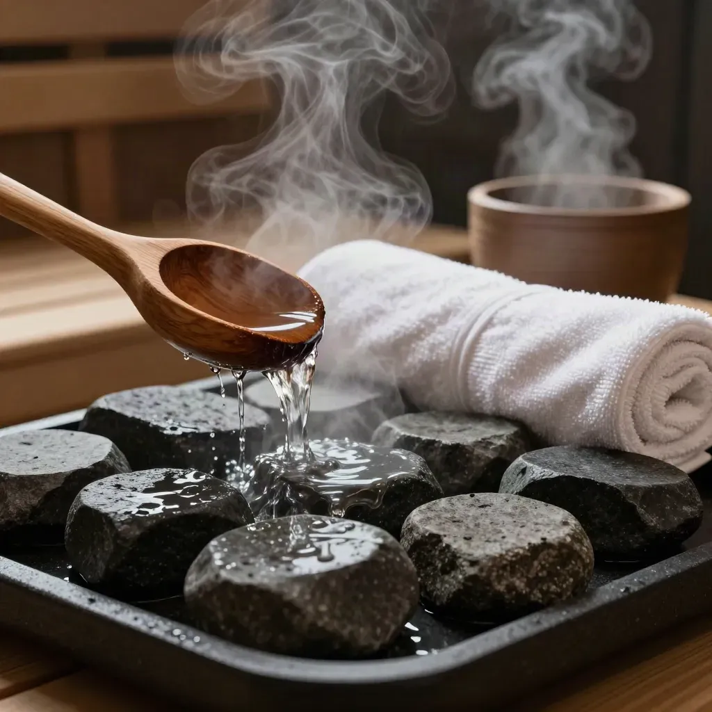 Sıcak taşlar, buhar, ahşap kepçe ve rulo havlularla lüks sauna sahnesi.